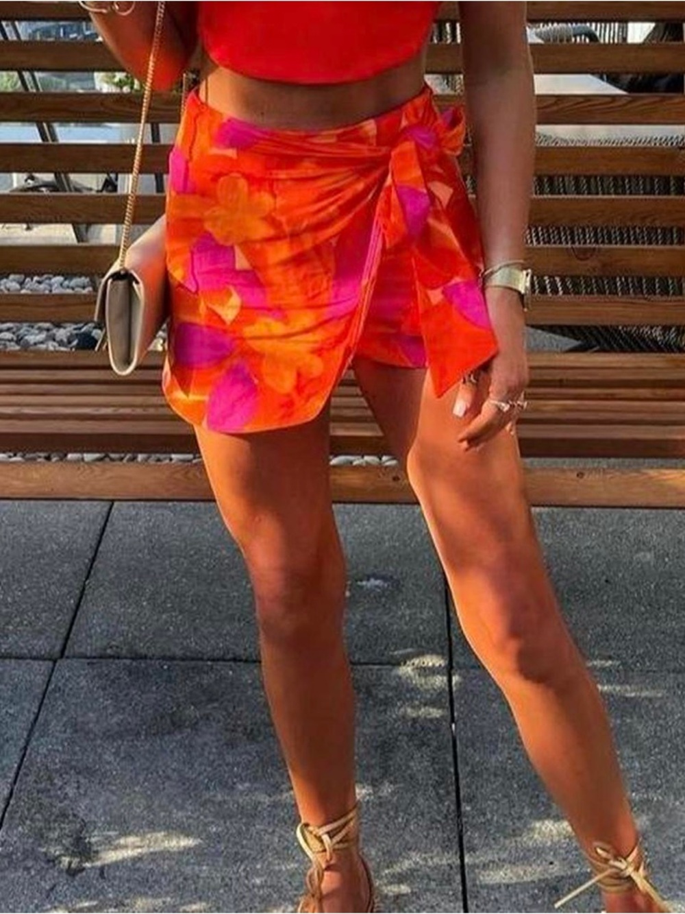 Vibrant Orange & Pink Tie-Waist Mini Skirt